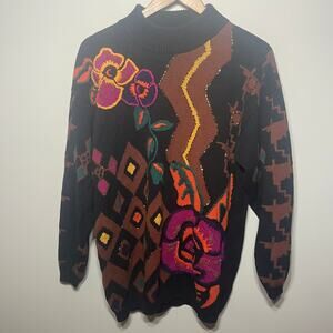 VTG 90s B. Diffusion Sweater  Black Multi Embroidered Floral Beaded Artsy M